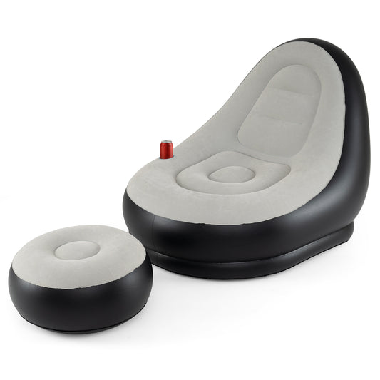 Inflatable Lounge Sofa with Ottoman Portable Air Sofa for Adults with Flocked Surface-Grey