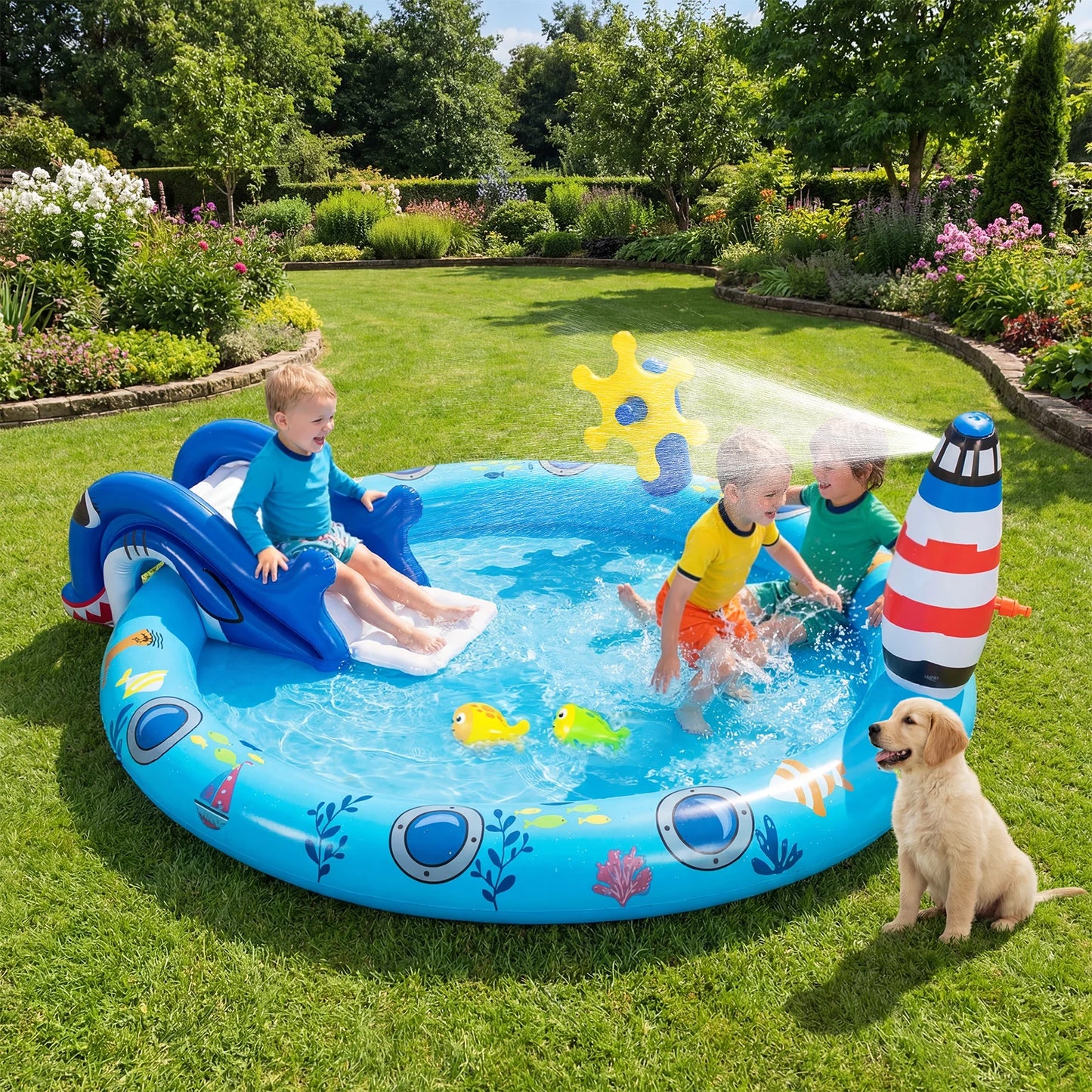 Inflatable Play Center Marine Life Spray Pool with Shark-shaped Slide Lighthouse Sprinkle