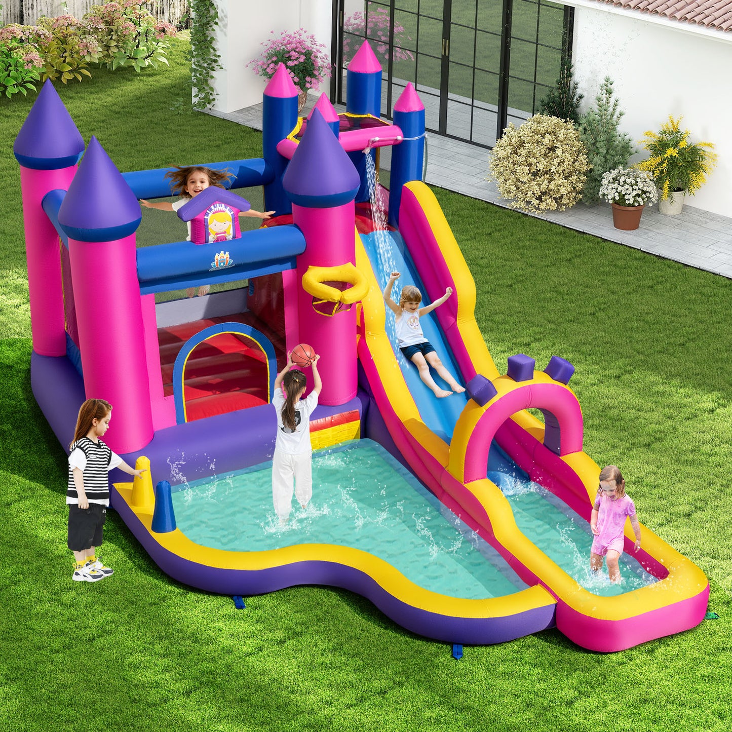 Inflatable Water Slide Princess Themed Bounce Castle with Climbing Wall 680W Blower Included