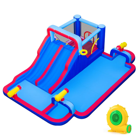 Colorful inflatable water slide park with double slides and bounce house, featuring a 750W blower for outdoor fun.