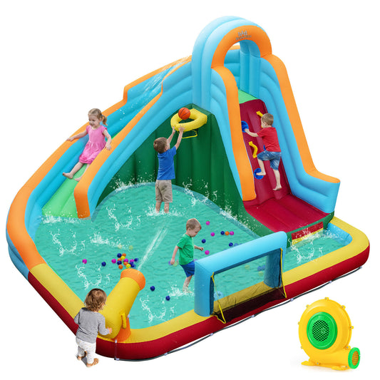 Colorful inflatable water slide park with a long slide, splash pool, bounce house, and climbing wall for outdoor fun.