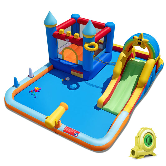 Inflatable water slide park with bouncy castle, climbing wall, and 735W blower for outdoor water play and fun.