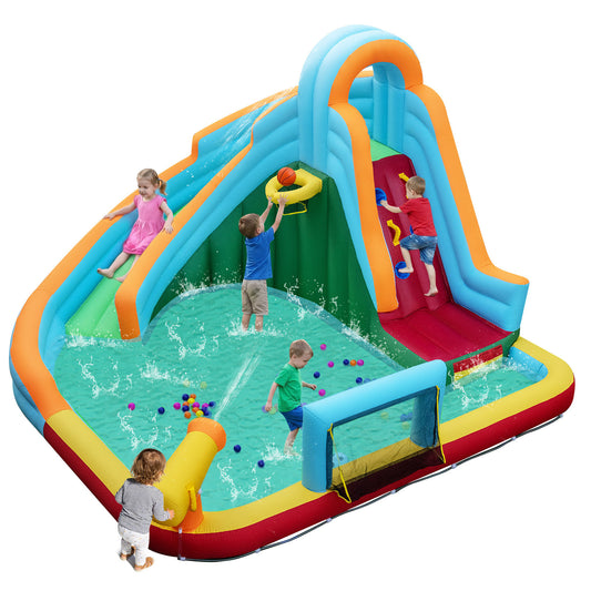 Colorful inflatable water slide park by Wilsons Home Store, featuring a 6-in-1 giant bounce house for outdoor fun and water play.