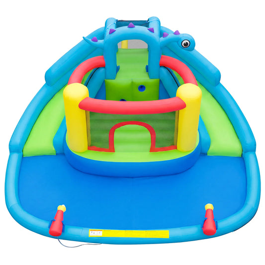 Dinosaur-themed inflatable water slide park for kids with double slides, colorful bounce house toy for outdoor water play.