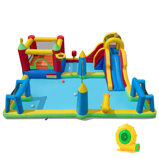 Colorful inflatable water slide bounce house with 9-in-1 design, featuring a jumping castle and 680W blower for outdoor fun.
