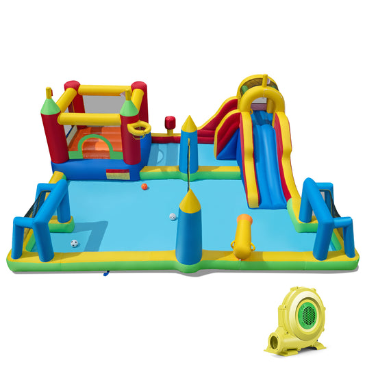 Colorful inflatable water slide bounce house with 9-in-1 design, featuring a jumping castle and water slide, with a 735W blower for outdoor fun.