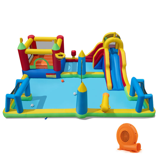 Colorful inflatable water slide bounce house with 9-in-1 design and 750W blower, perfect for outdoor kids' play and fun.