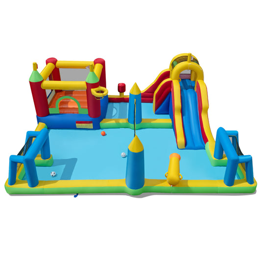 Colorful inflatable water slide bounce house with climbing wall, 9-in-1 outdoor toy for kids from Wilsons Home Store