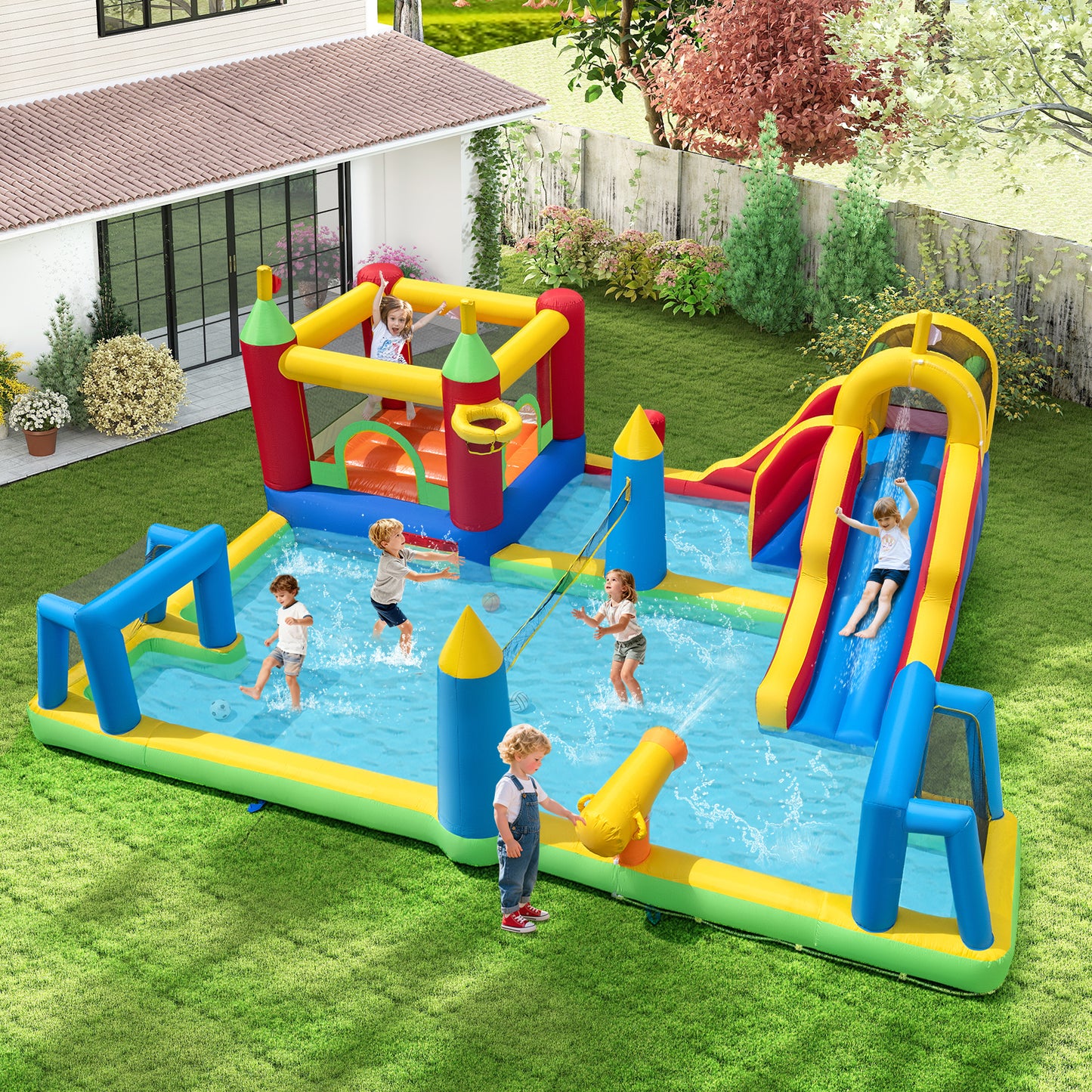 Inflatable Water Slide Bounce House 9-in-1 Jumping Castle with Climbing Wall