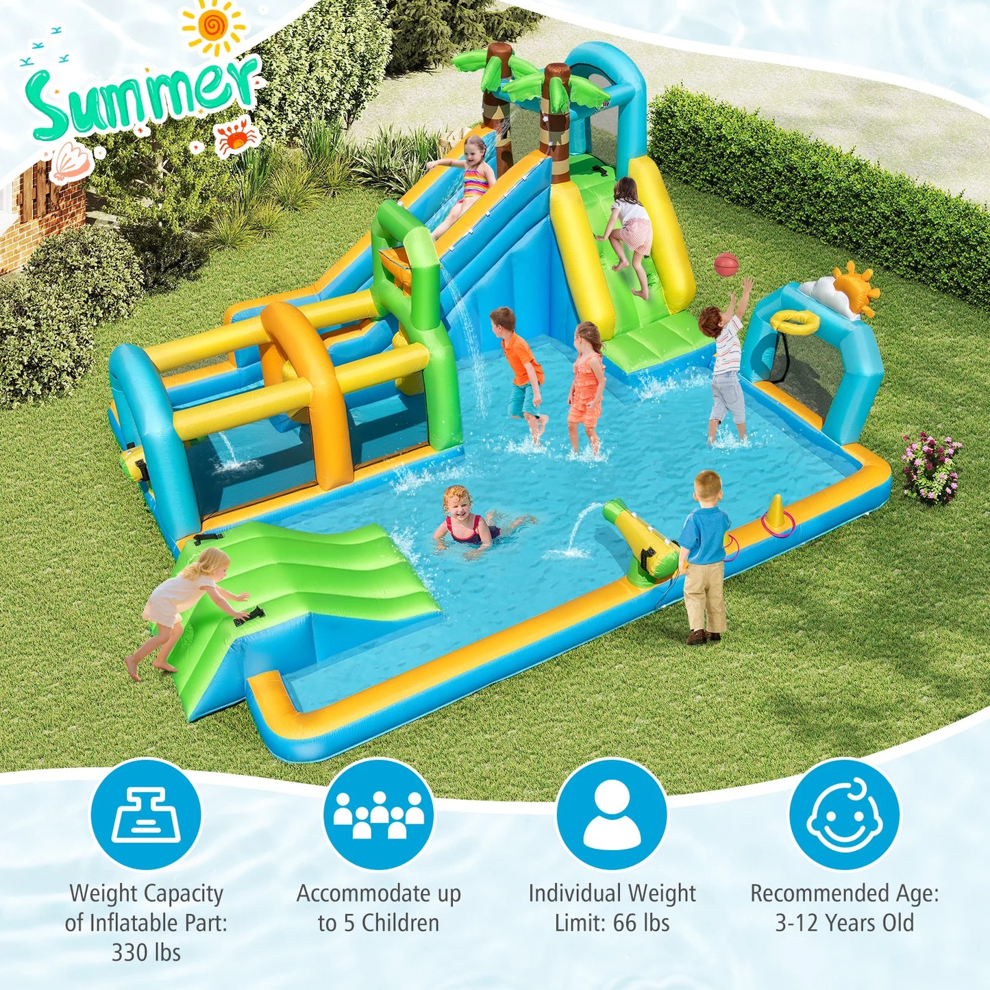 Inflatable Water Slide Tropical Theme Dual Slide Aqua Park with 735W Blower