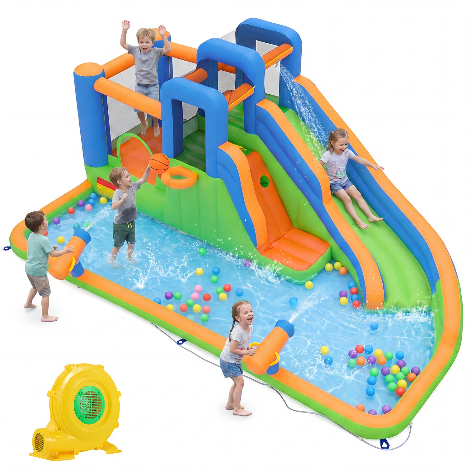 Inflatable water slide park with splash pool, 780W blower, designed for outdoor yard fun, from Wilsons Home Store.