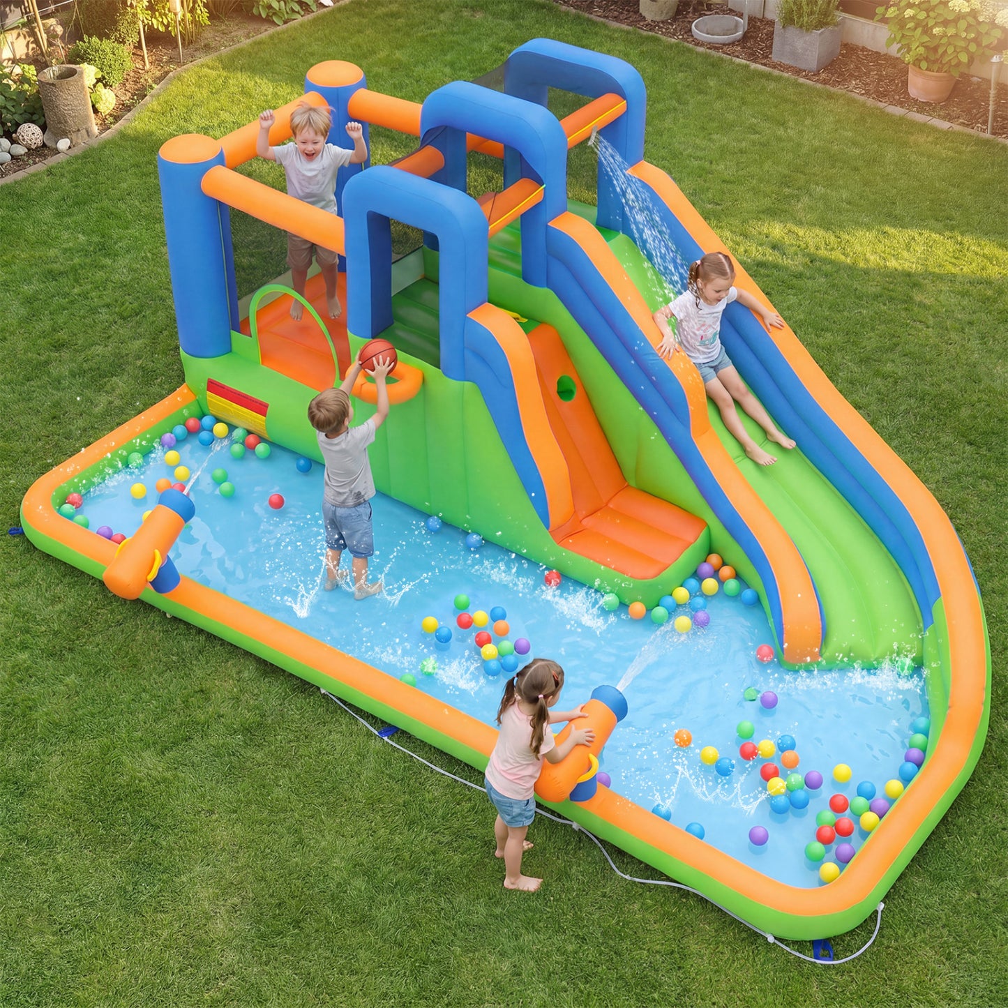 Inflatable water slide park with splash pool, 780W blower, for outdoor yard fun, from Direct by Wilsons Home Store.