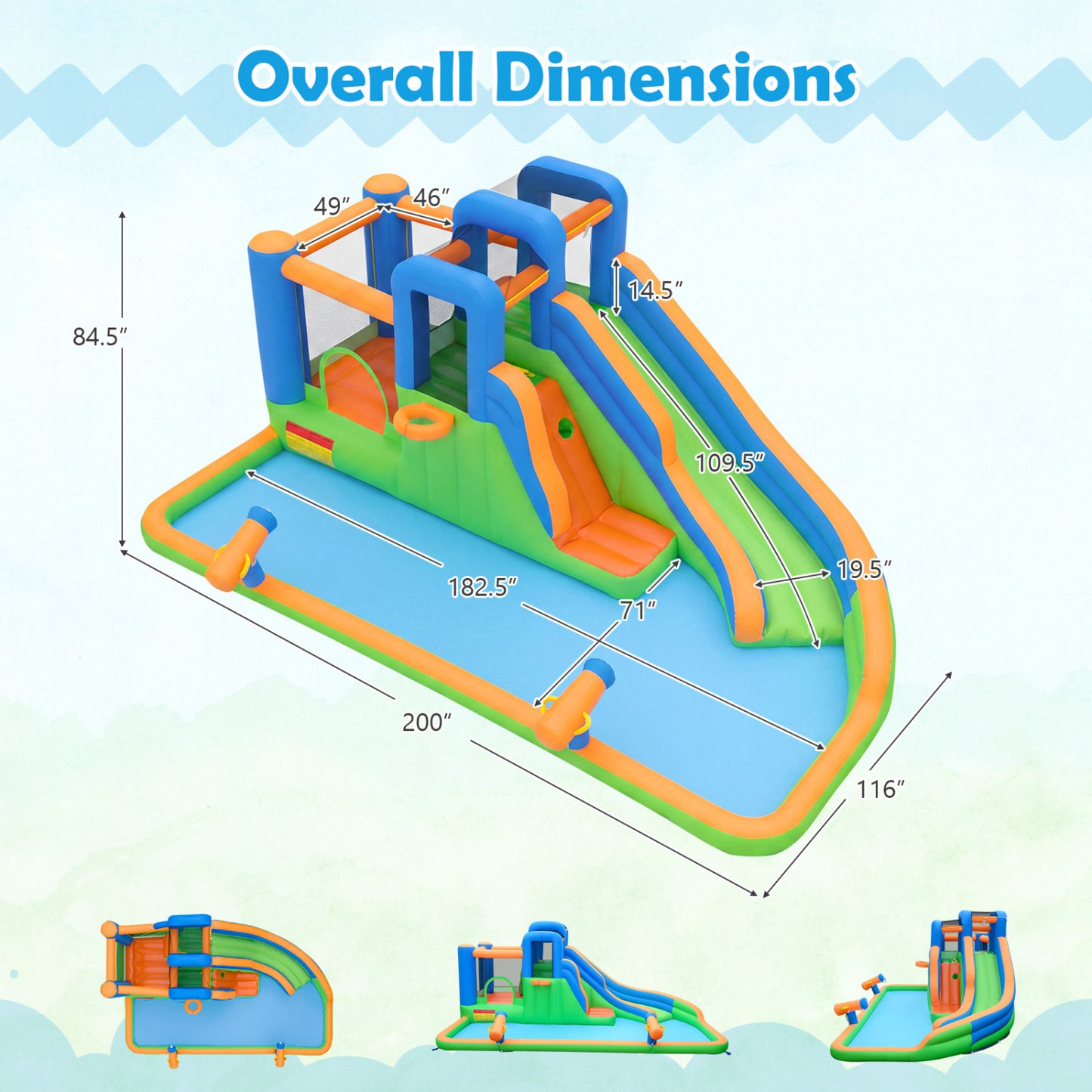 Inflatable water slide park with splash pool, featuring a 780W blower for backyard outdoor fun, by Wilsons Home Store.
