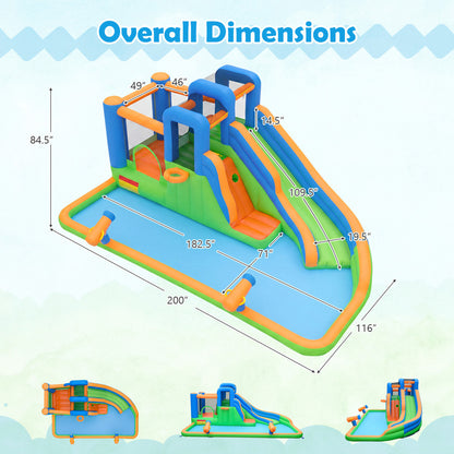 Inflatable water slide park with splash pool, featuring a 780W blower for backyard outdoor fun, by Wilsons Home Store.