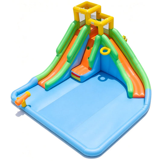 Inflatable water slide for kids with double slides, splash pool, water cannon, and basketball hoop for backyard outdoor fun.