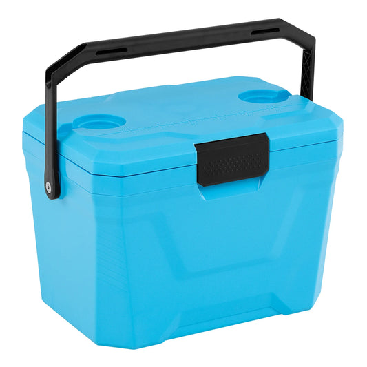 Blue insulated portable cooler with hard shell design, two cup holders, ideal for camping and outdoor use.