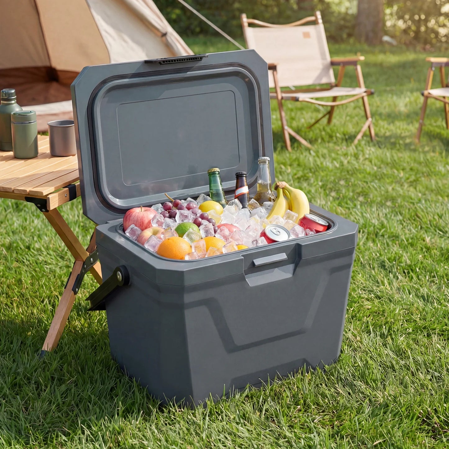 Insulated Portable Cooler Hard Shell Ice Chest with 2 Cup Holders-Blue