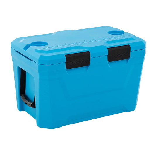 Blue insulated portable cooler hard shell ice chest with 2 cup holders, bottle opener, and drain plug for outdoor camping.