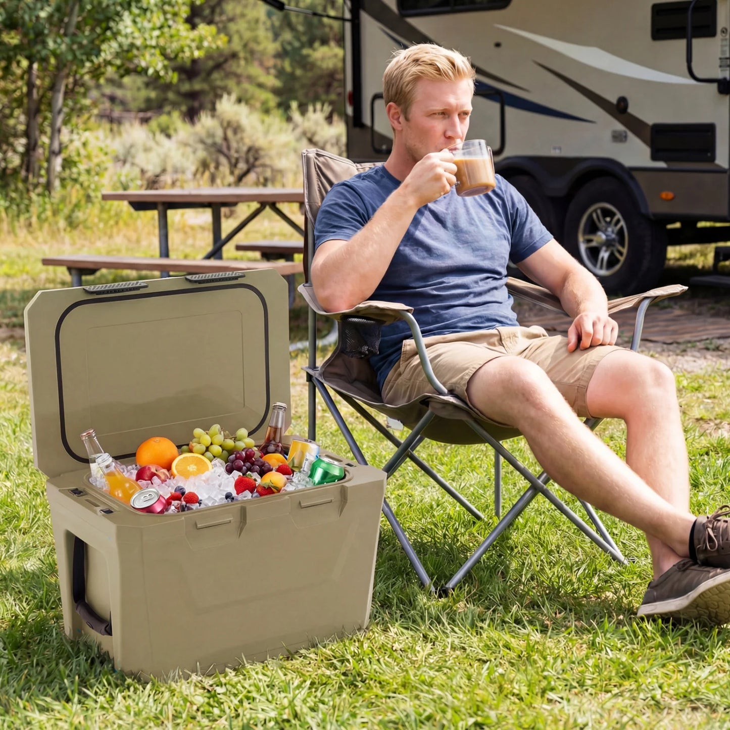 Insulated Portable Cooler Hard Shell Ice Chest with 2 Cup Holders Bottle Opener and Drain Plug-Blue
