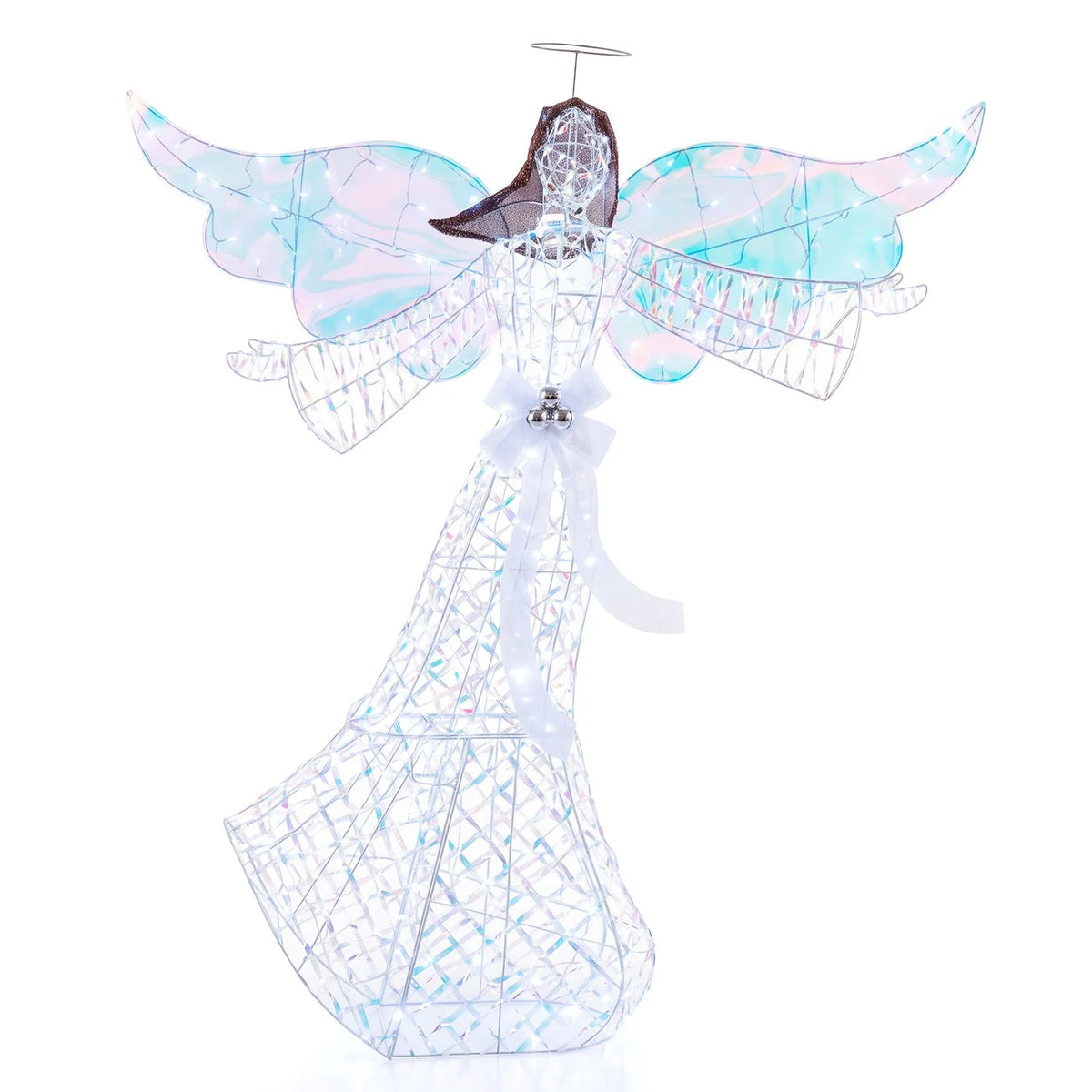 Iridescent Christmas angel decoration with flowing gown, illuminated by 230 cold white LEDs, perfect for holiday decor.