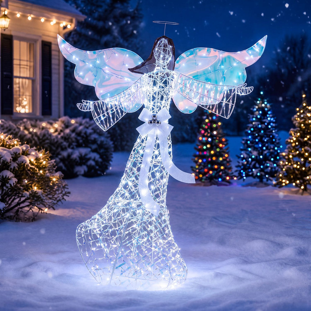 Iridescent Christmas angel decoration with shimmering finish and 230 cold white LEDs, perfect for holiday decor.