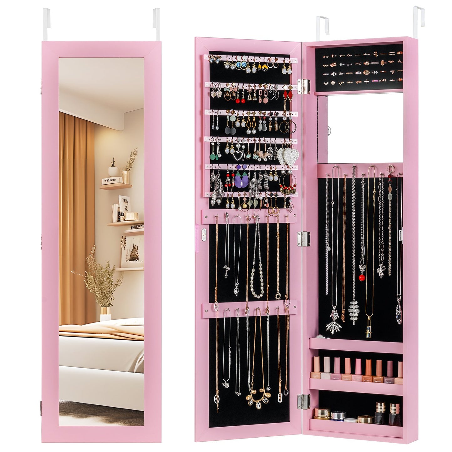 Jewelry Cabinet Wall or Door Mounted Jewelry Armoire Modern Hanging Jewelry Organizer-Pink