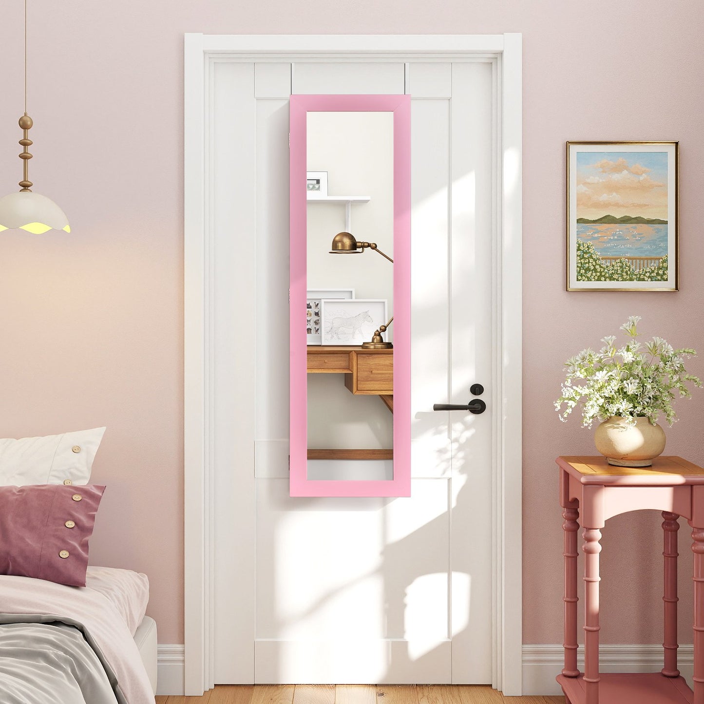 Jewelry Cabinet Wall or Door Mounted Jewelry Armoire Modern Hanging Jewelry Organizer-Pink