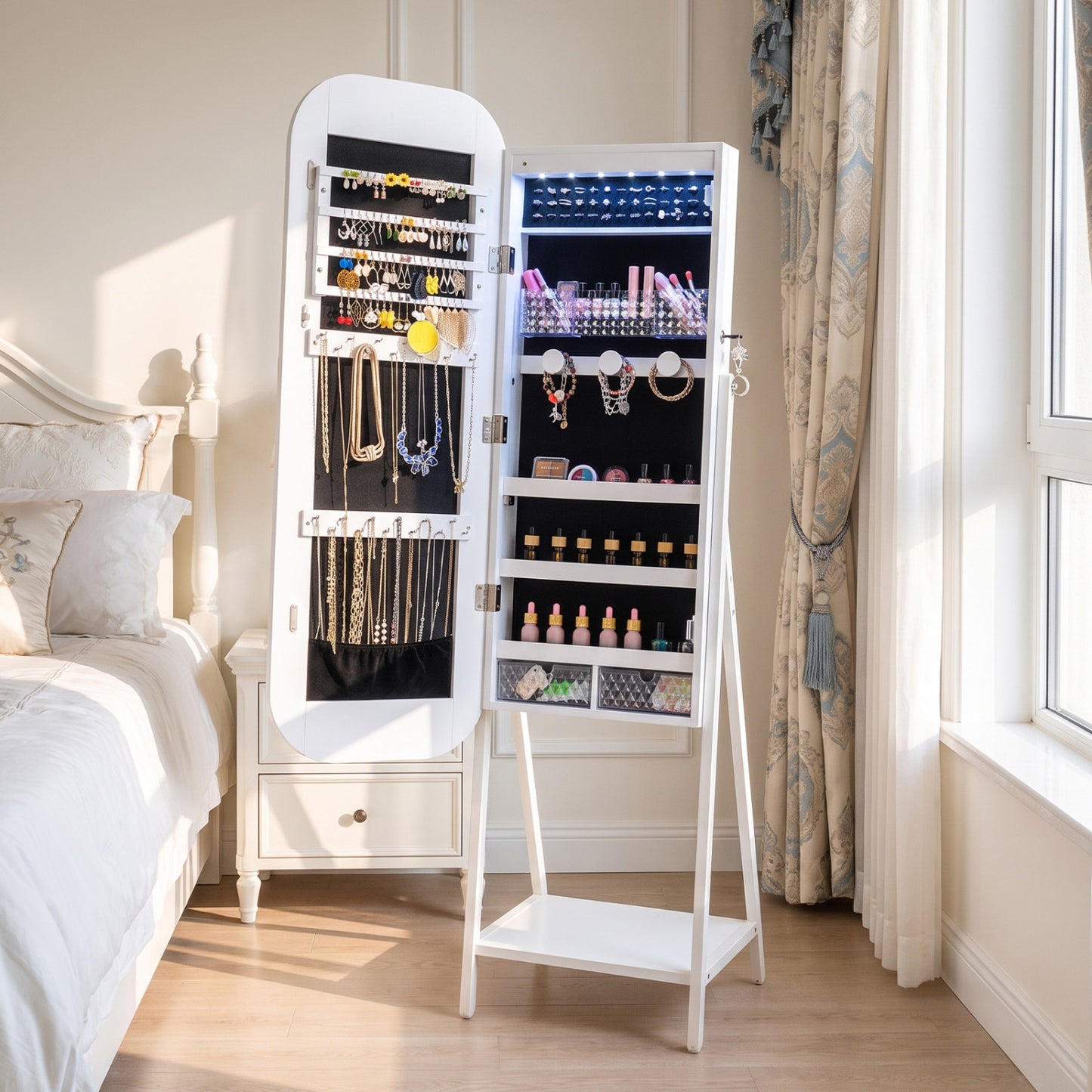 Jewelry Cabinet with Full-Length Mirror Large Storage Capacity-White