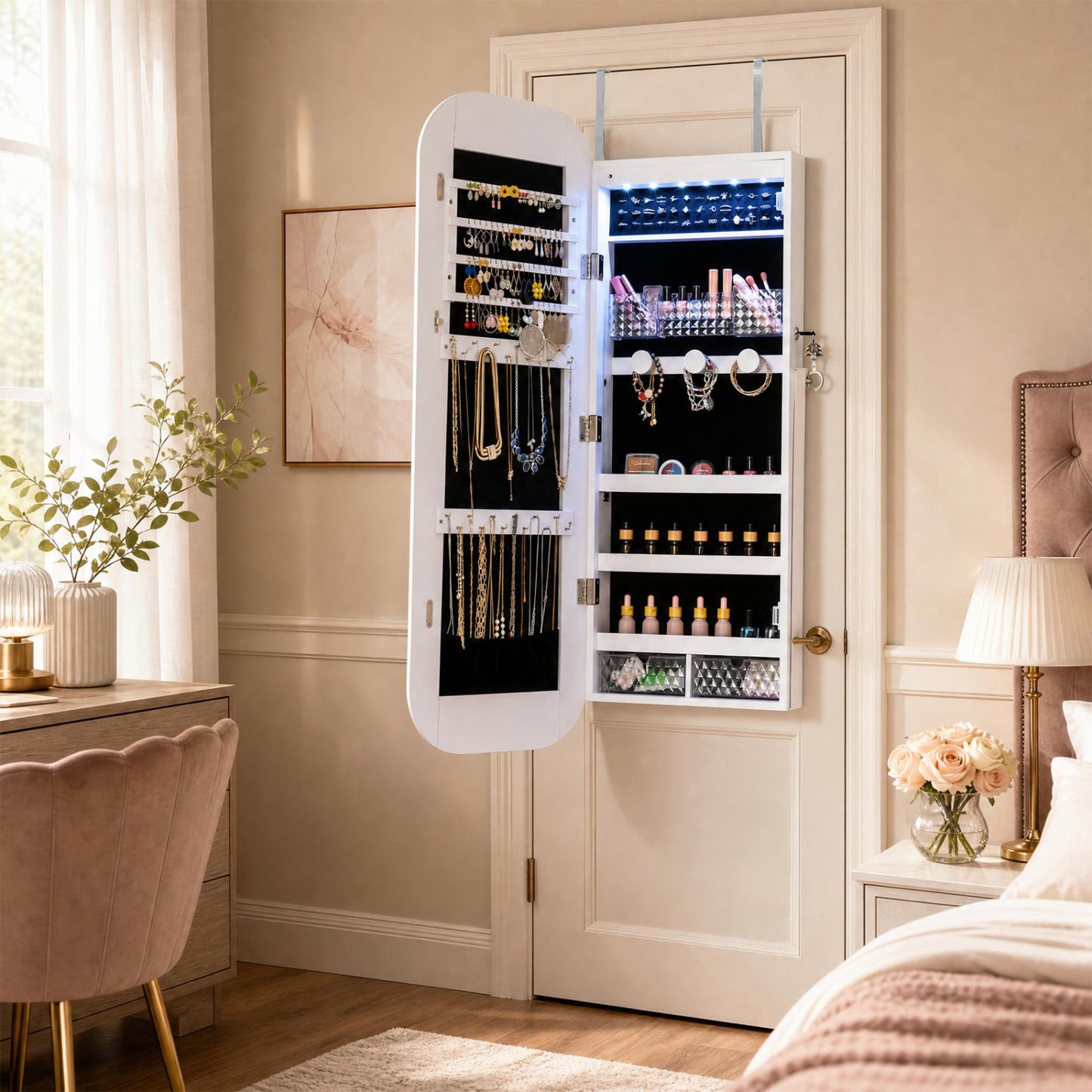 Jewelry Cabinet with Full-Length Mirror Large Storage Capacity-White