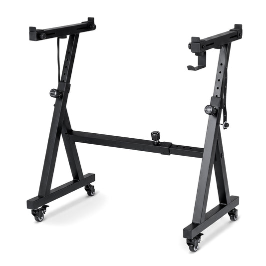 Black adjustable keyboard stand for 49 to 88-key electric pianos, suitable for various keyboard sizes and stable support.