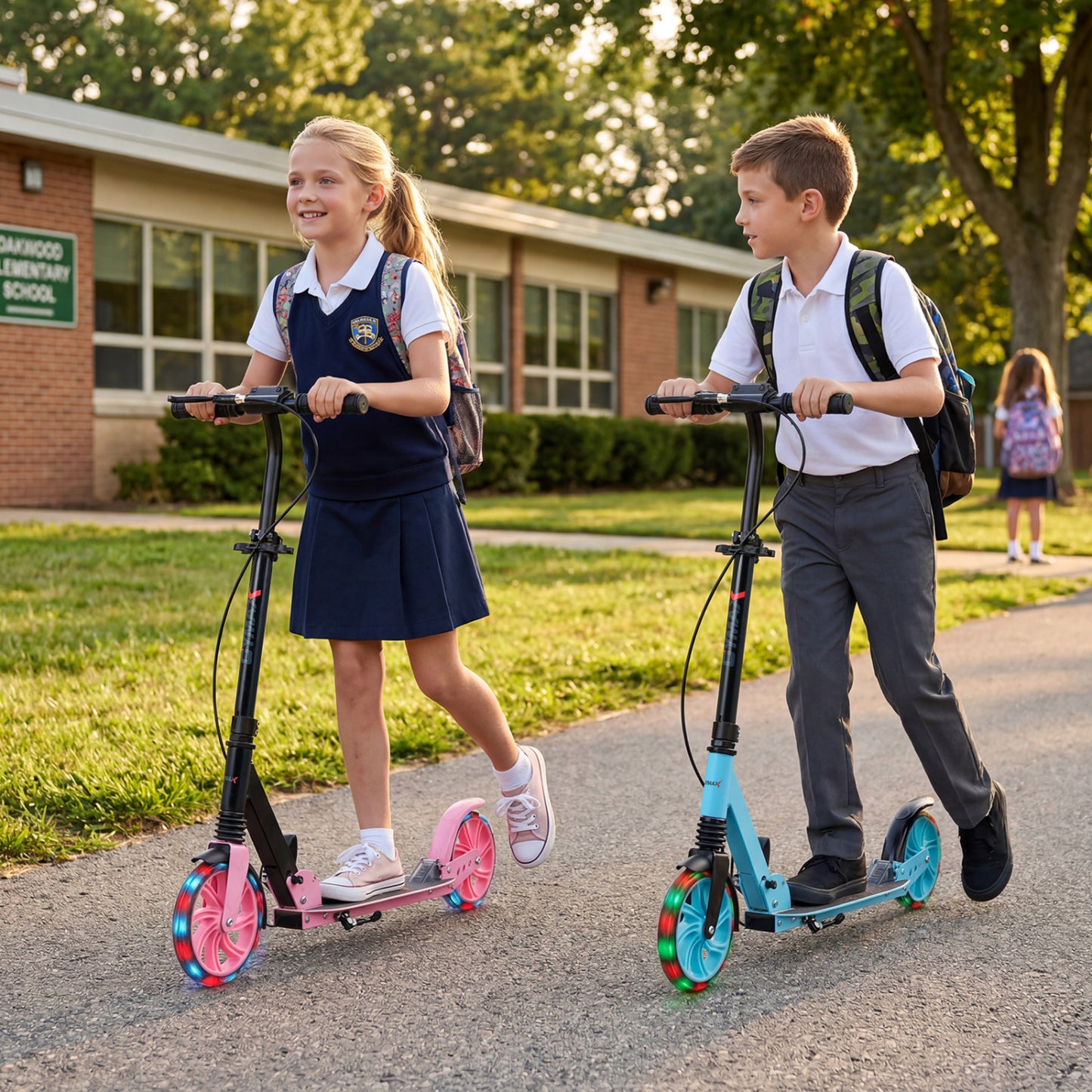 Blue foldable kick scooter for kids, teens, and adults with large light-up wheels, suitable for ages 8 and up, by Wilsons Home Store.
