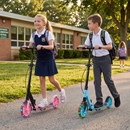 Blue foldable kick scooter for kids, teens, and adults with large light-up wheels, suitable for ages 8 and up, by Wilsons Home Store.