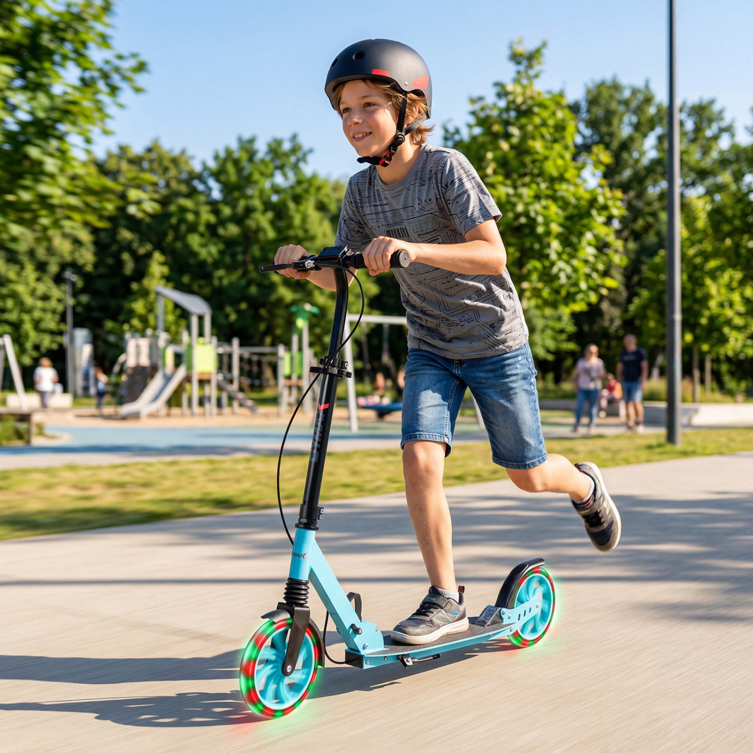 Blue foldable kick scooter for kids, teens, and adults with large light-up wheels, suitable for ages 8+ and outdoor riding.