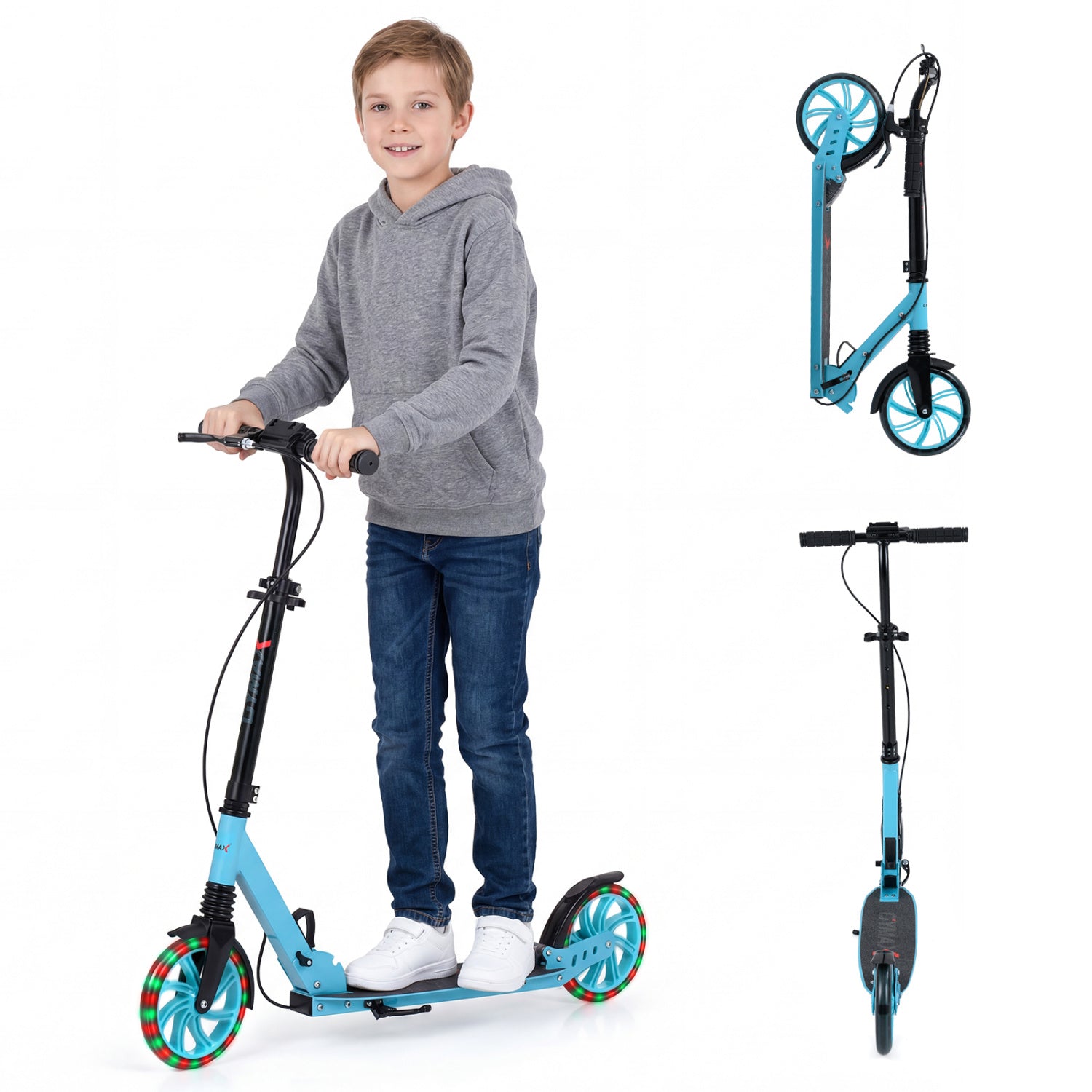 Blue foldable kick scooter for kids, teens, and adults with large light-up wheels and adjustable handlebar.