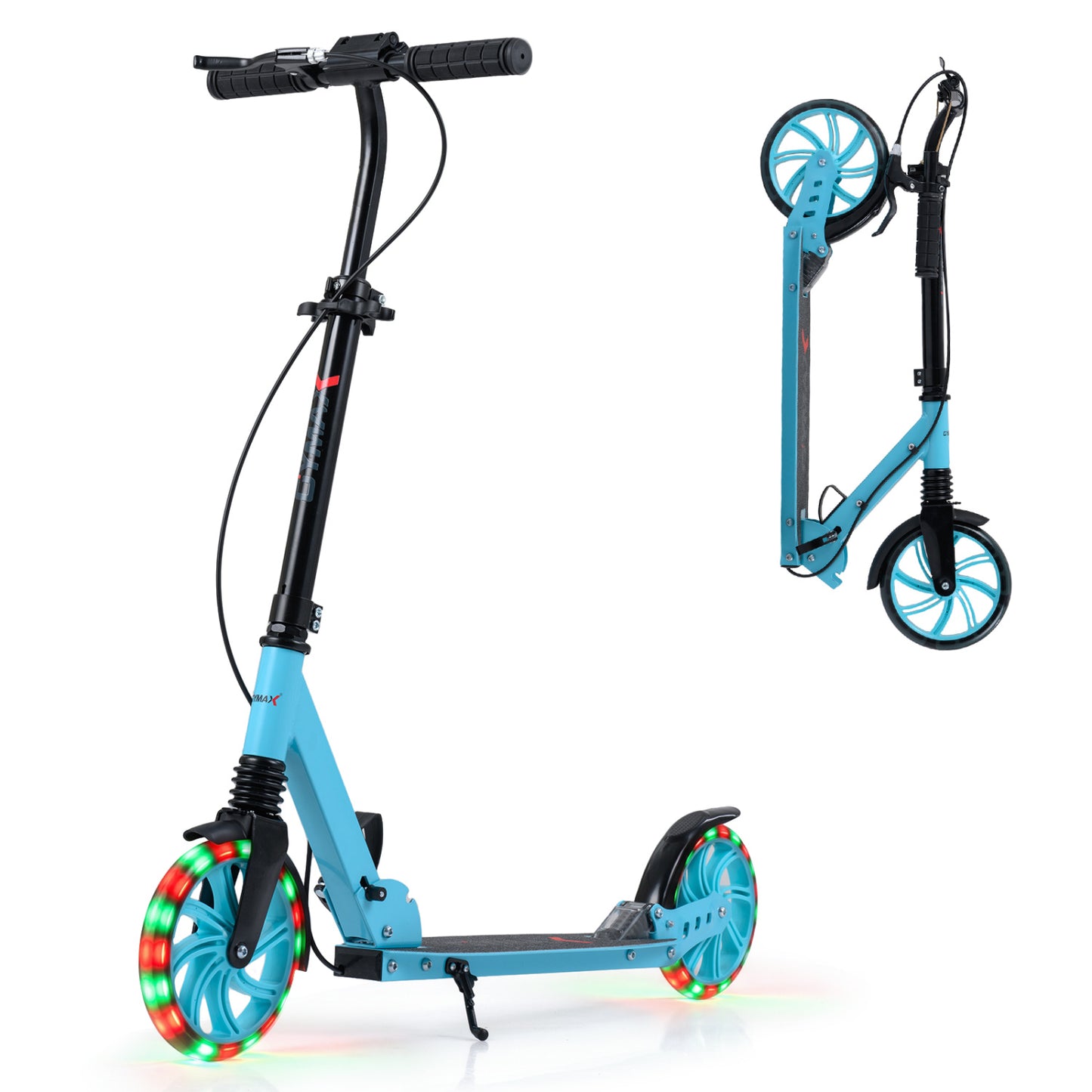 Blue foldable kick scooter for kids, teens, and adults with large light-up wheels, suitable for ages 8 and up.