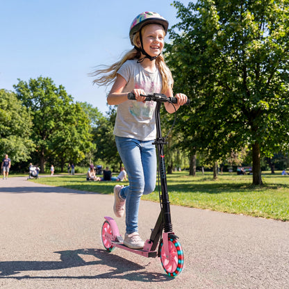 Blue foldable kick scooter with large light-up wheels for kids, teens, and adults, perfect for outdoor riding and adventure.