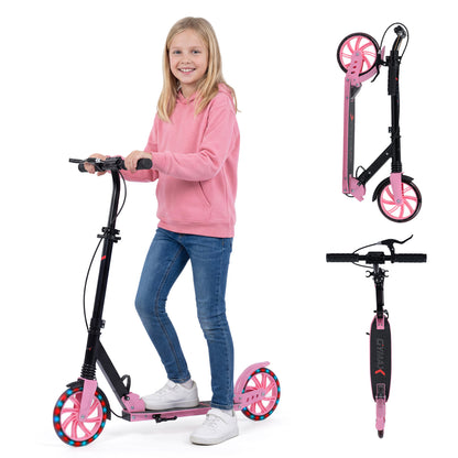 Blue foldable kick scooter for kids, teens, and adults with large light-up wheels, suitable for ages 8 and up.