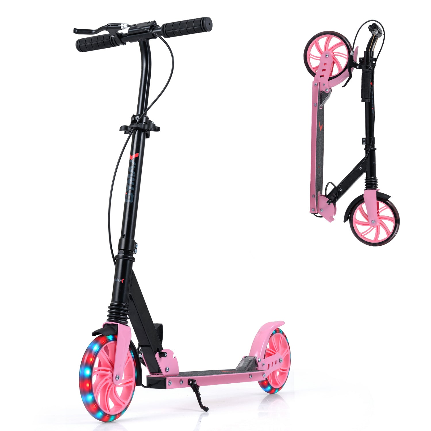 Blue foldable kick scooter with large light-up wheels for kids, teens, and adults, suitable for ages 8 and up.