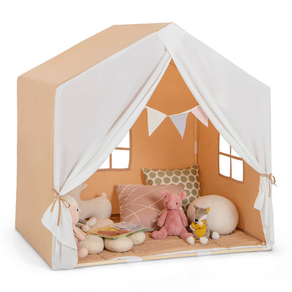 Kid's Play Tent with Washable Cotton Mat and Flag Banner-Gray
