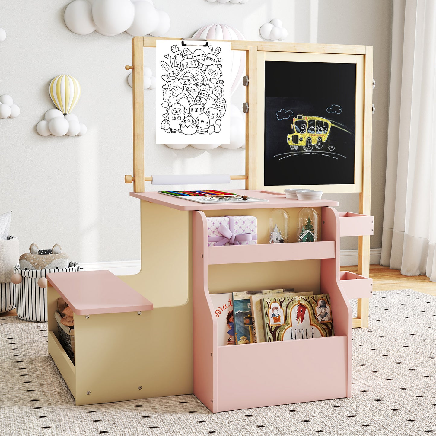 Kids art center wooden table and bench set by Wilsons Home Store, perfect for toddlers' creative play and activities.