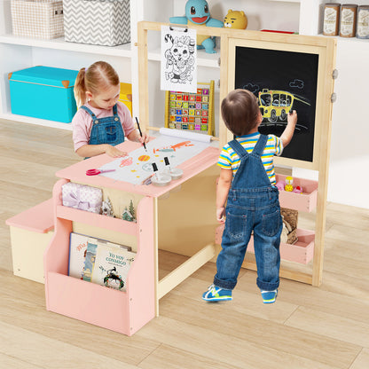 Wooden kids art center table and bench set by Wilsons Home Store, ideal for toddlers' drawing and play activities.