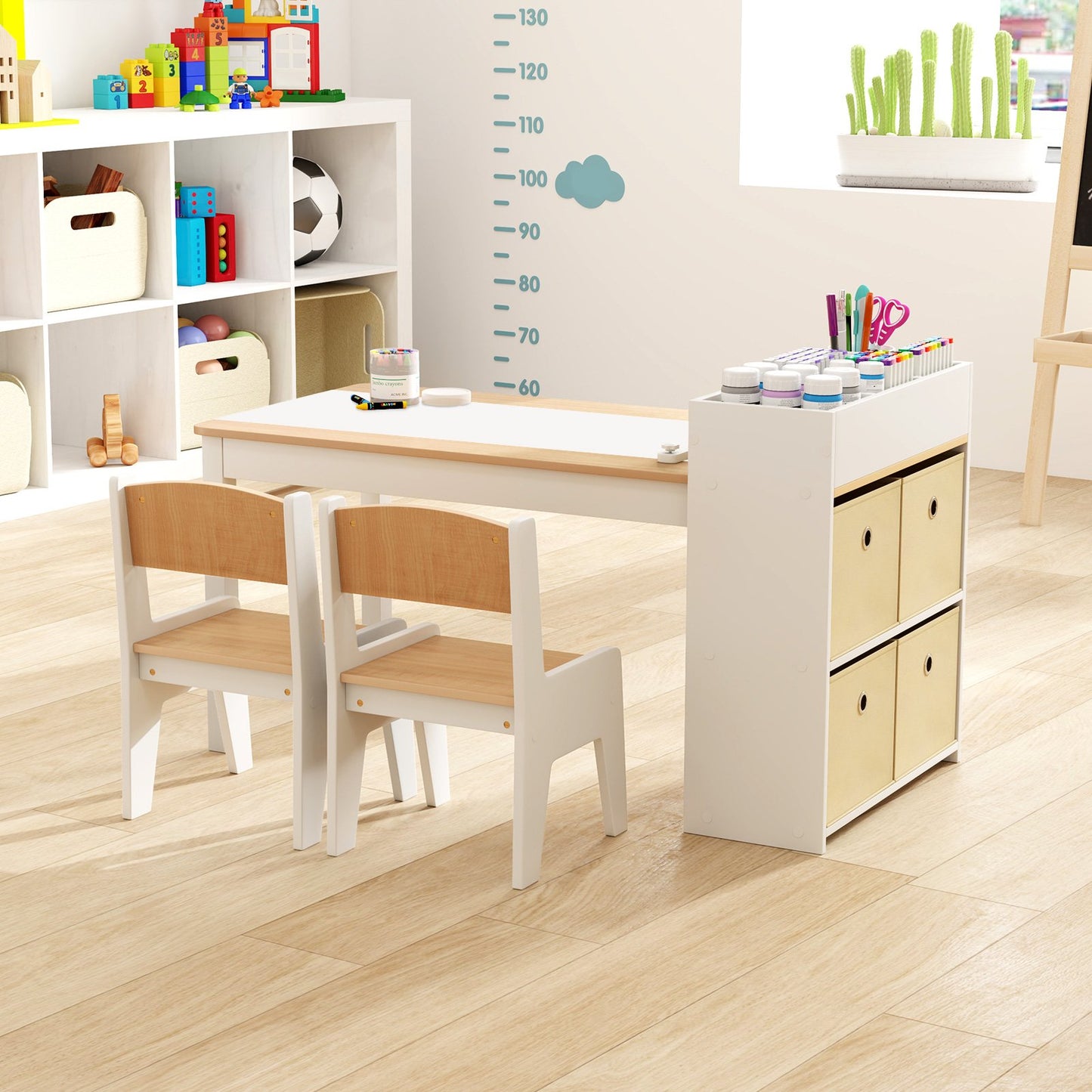 Kids Art Table and Chairs Set with 2 Chairs and Paper Roll-Gray