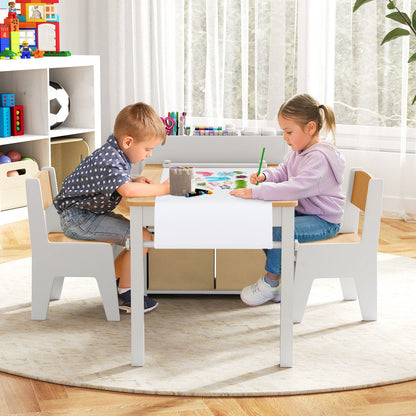 Kids Art Table and Chairs Set with 2 Chairs and Paper Roll-Gray