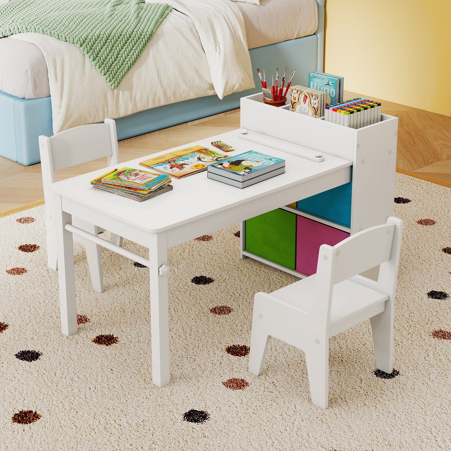 Kids Art Table and Chairs Set with 2 Chairs and Paper Roll-Gray