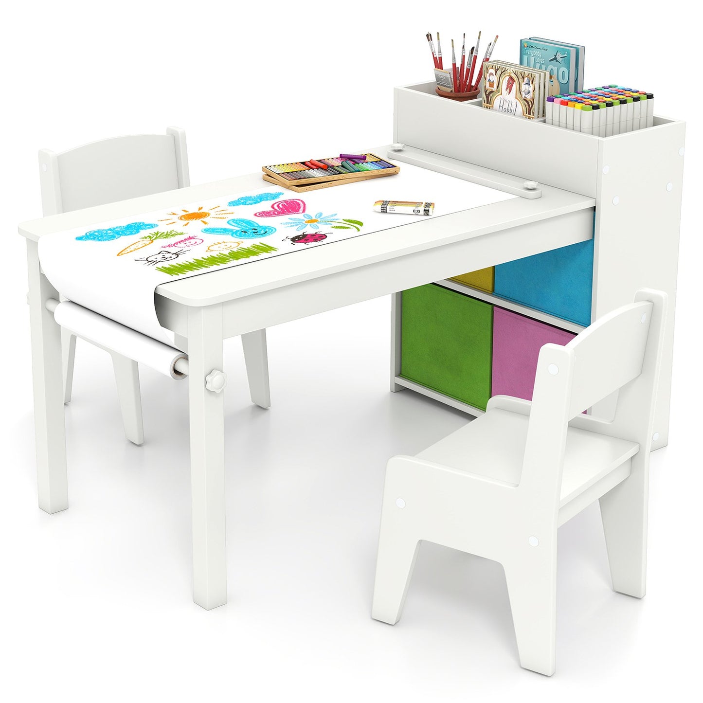 Kids Art Table and Chairs Set with 2 Chairs and Paper Roll-Gray