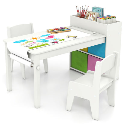 Kids Art Table and Chairs Set with 2 Chairs and Paper Roll-Gray