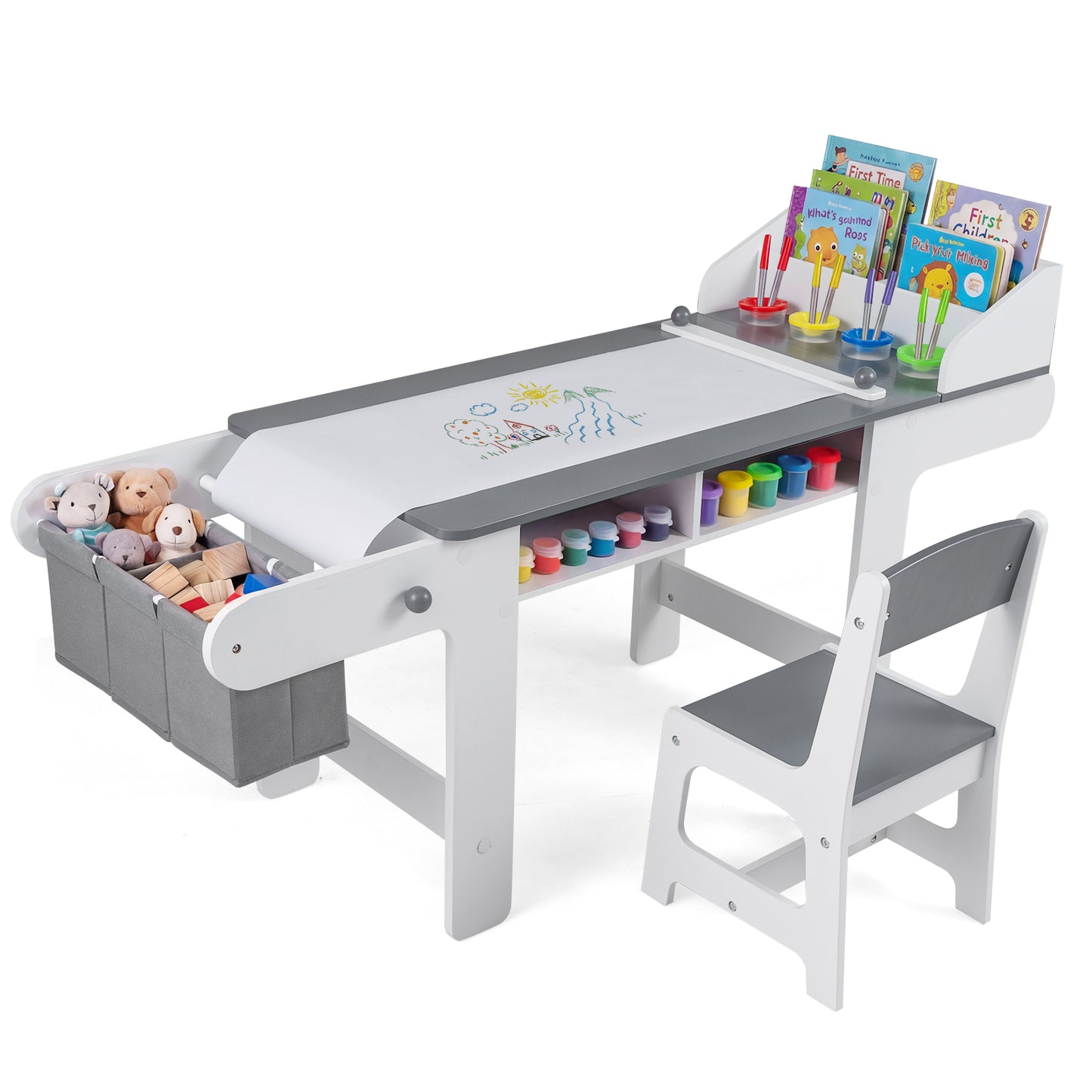 Kids Art Table and Chair with Paper Roll and Fabric Bins for Drawing Reading Studying Playing-Gray