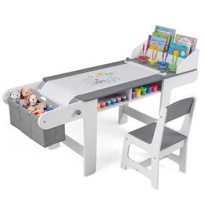 Kids Art Table and Chair with Paper Roll and Fabric Bins for Drawing Reading Studying Playing-Gray
