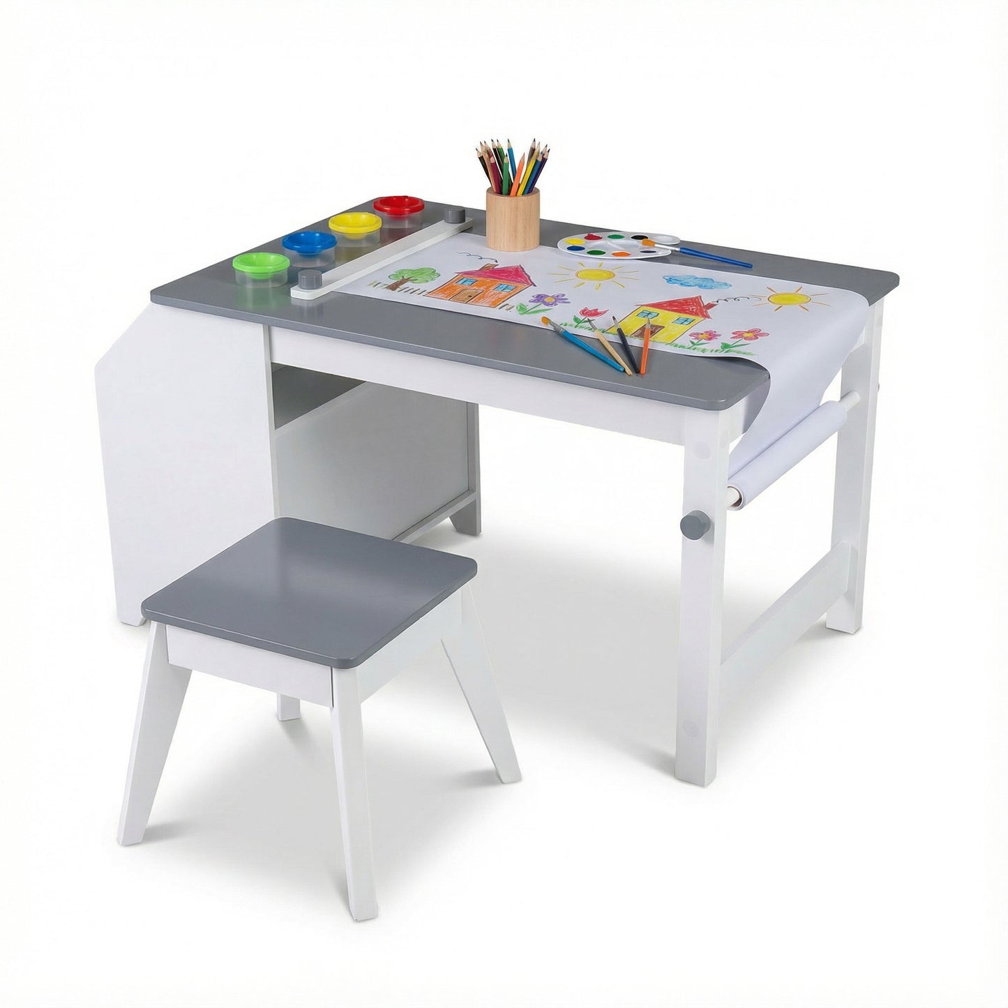 Kids Art Table and Stool Set Toddler Activity Desk with Paper Roll and 4 Paint Cups for Drawing Learning-Gray