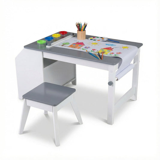 Kids Art Table and Stool Set Toddler Activity Desk with Paper Roll and 4 Paint Cups for Drawing Learning-Gray